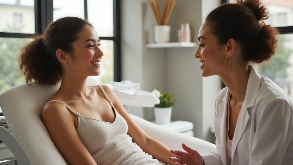 A woman receiving a chemical peel treatment with Vi Peel in a professional setting