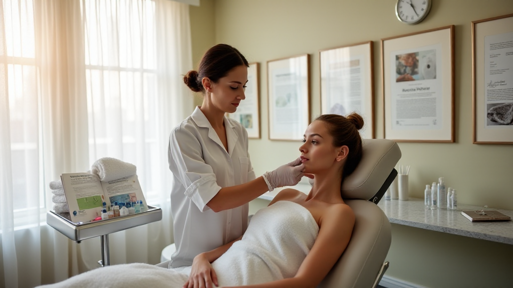 A licensed aesthetician performing a Vi Peel on a client in a serene treatment room
