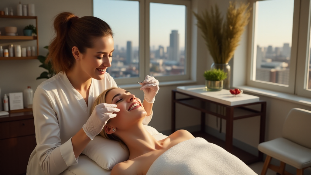 Skincare professional performing a Vi Peel treatment on a patient in a modern spa with a city view