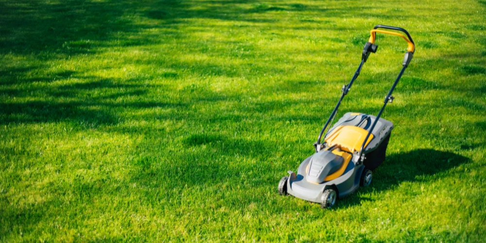 A lawn mower on fresh lush green grassy lawn. A lawn mower on fresh lush green grassy lawn.