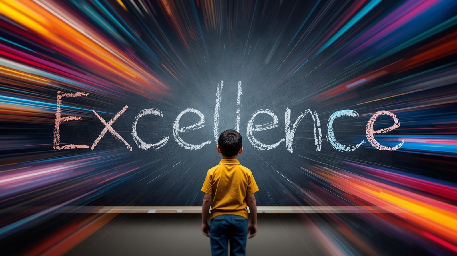 طفل يقف بثقة أمام لوحة كتب عليها التفوق، يرمز إلى السعي نحو التميز الدراسي وبناء مهارات المستقبل.