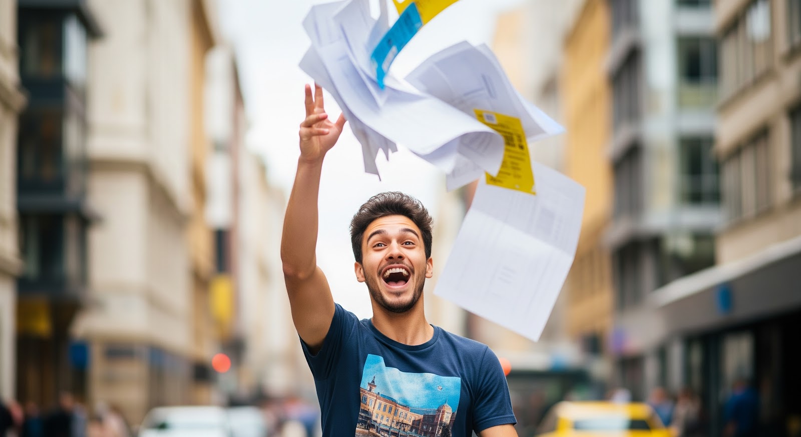 A happy fundraiser celebrates the success of his 2025 donation request campaign by joyfully tossing old, ineffective letter templates in the air on a city street.