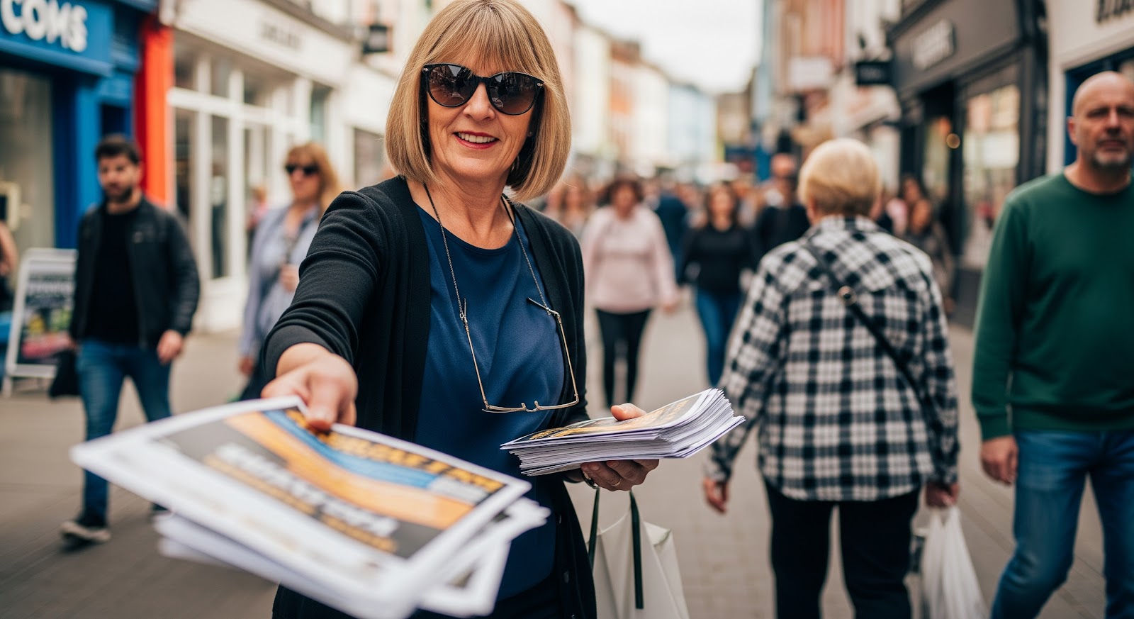 A smiling volunteer hands out pamphlets on a busy street, demonstrating the direct outreach that powers a successful 2025 fundraising letter campaign.