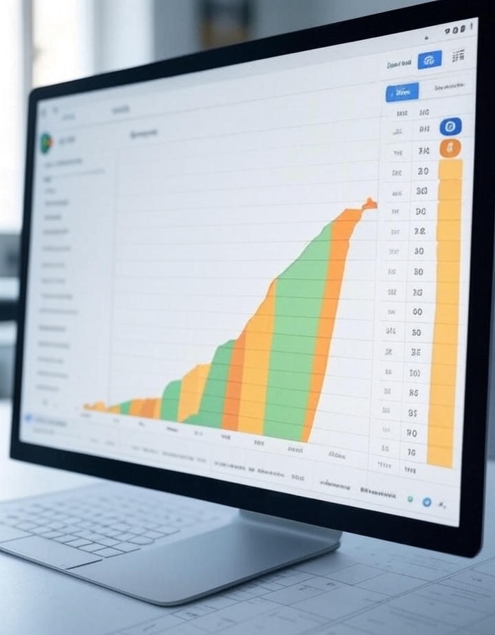RISING GRAPH Parabolic Straight Syndication SHOWS GROWTH Futuristic Desktop Computer in Brightly Lit OFFICE RISING GRAPH Parabolic Straight Syndication SHOWS GROWTH Futuristic Desktop Computer in Brightly Lit OFFICE