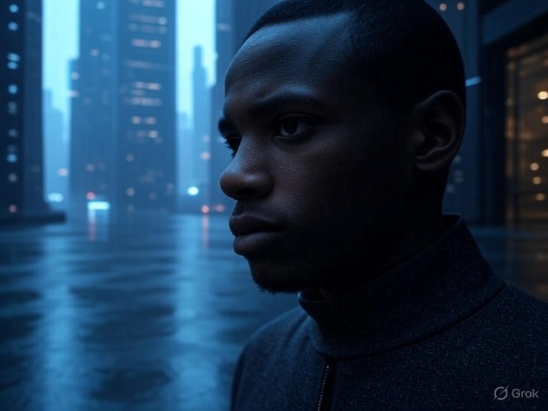 Techno Future Single Man standing in blue lit backdrop cityscape Uncertain AI FUTURE Techno Future Single Man standing in blue lit backdrop cityscape Uncertain AI FUTURE