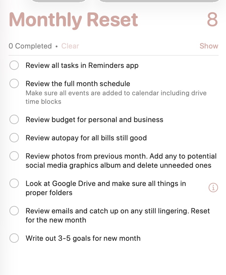Screenshot of Meghan' Monthy Reset Tasks on the Reminders app