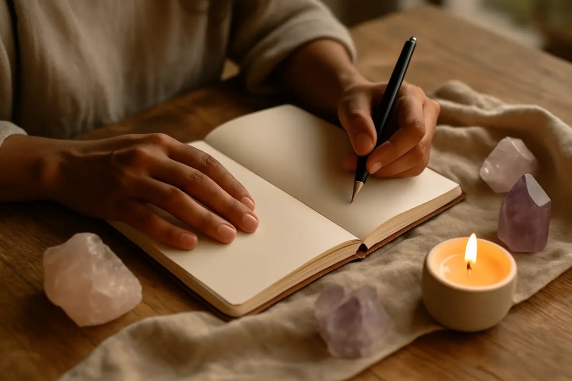Calm morning scene of a woman journaling in natural light Calm morning scene of a woman journaling in natural light