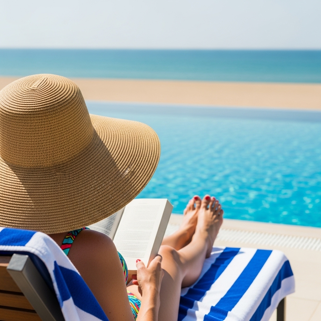 Women in great hat by the pool