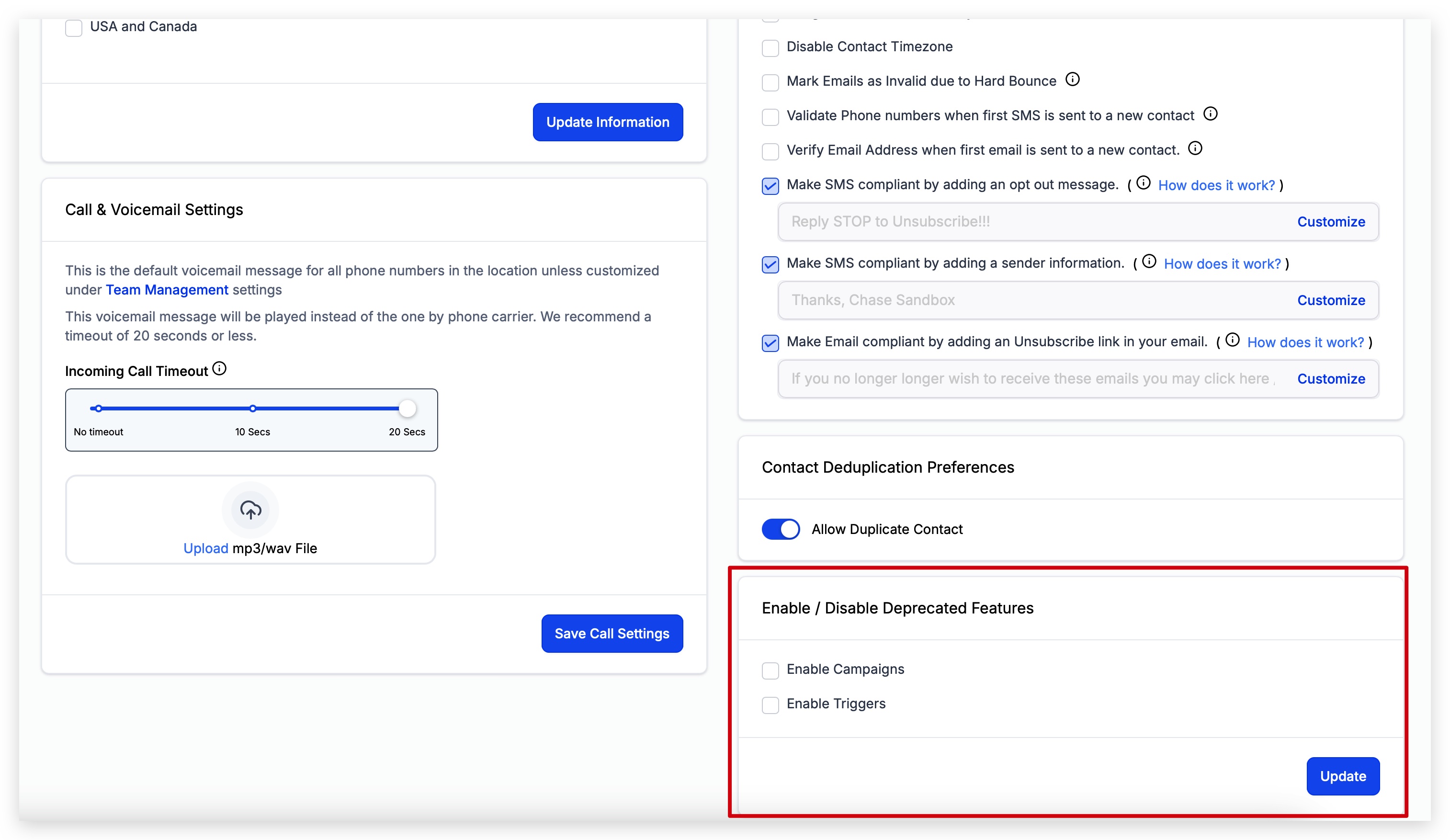 Enable/Disable Depreciated Features