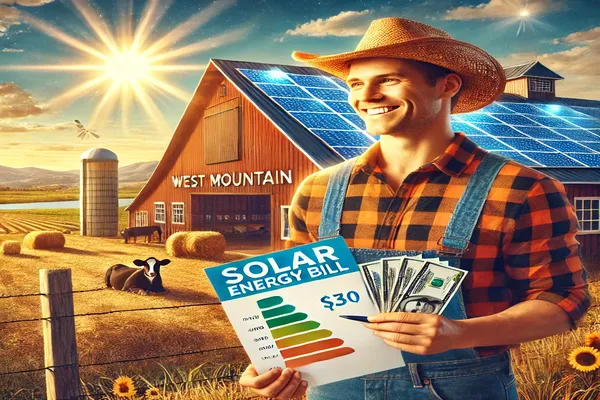 Smiling farmer in West Mountain, Utah standing in front of solar panels installed on a barn, holding a low energy bill and cash savings, highlighting the benefits of solar energy and USDA REAP grant for rural businesses and farmers. Smiling farmer in West Mountain, Utah standing in front of solar panels installed on a barn, holding a low energy bill and cash savings, highlighting the benefits of solar energy and USDA REAP grant for rural businesses and farmers.