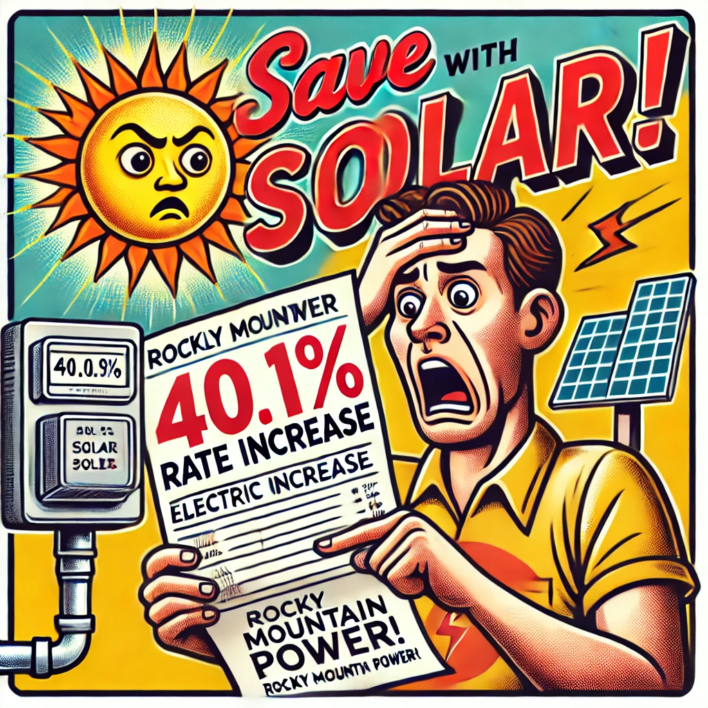 A cartoon illustration of a shocked homeowner holding an electric bill showing a 40.1% rate increase from Rocky Mountain Power. The man looks worried, standing near solar panels, with a sad-looking sun in the background. Bold text says "Save with Solar!" highlighting the benefits of switching to solar energy to avoid rising electricity costs. The image emphasizes the financial burden of the rate increase for Mapleton, Utah, homeowners. A cartoon illustration of a shocked homeowner holding an electric bill showing a 40.1% rate increase from Rocky Mountain Power. The man looks worried, standing near solar panels, with a sad-looking sun in the background. Bold text says "Save with Solar!" highlighting the benefits of switching to solar energy to avoid rising electricity costs. The image emphasizes the financial burden of the rate increase for Mapleton, Utah, homeowners.