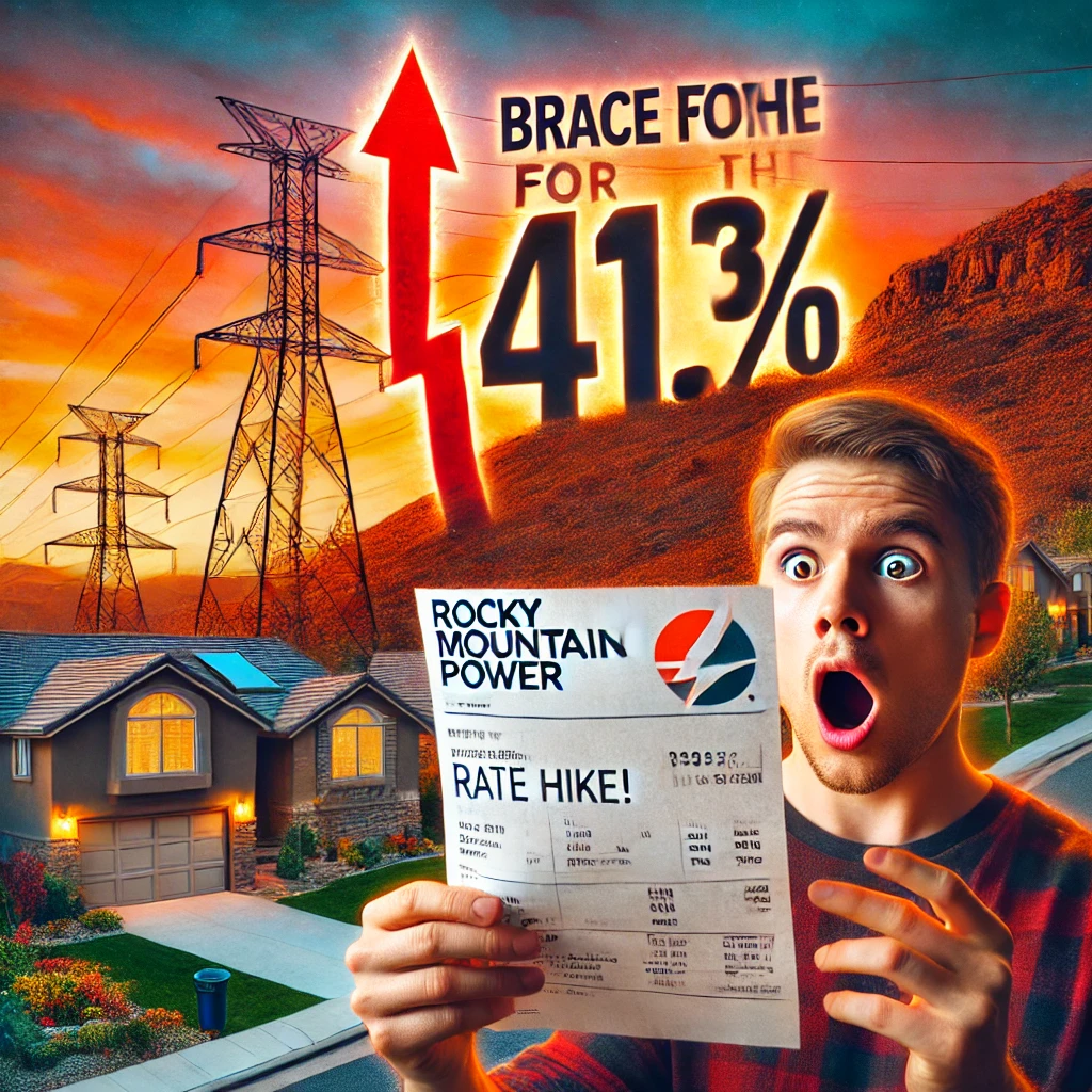 Shocked homeowner in Mapleton, Utah, holding an electricity bill showing a 41.3% rate hike from Rocky Mountain Power. Power lines and a suburban neighborhood are visible in the background, symbolizing the steep increase in energy costs. The image highlights the urgency of the impending rate hike for homeowners on Rocky Mountain Power, encouraging them to explore solar energy solutions to avoid skyrocketing bills. Shocked homeowner in Mapleton, Utah, holding an electricity bill showing a 41.3% rate hike from Rocky Mountain Power. Power lines and a suburban neighborhood are visible in the background, symbolizing the steep increase in energy costs. The image highlights the urgency of the impending rate hike for homeowners on Rocky Mountain Power, encouraging them to explore solar energy solutions to avoid skyrocketing bills.