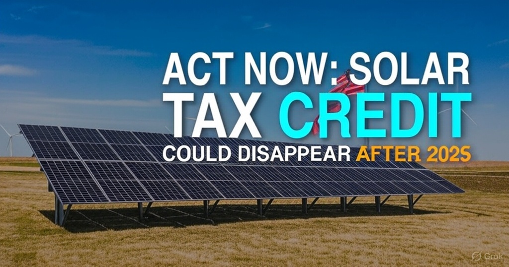 A row of solar panels in a field under a clear blue sky, with wind turbines in the background and an American flag. Bold text overlay reads: "ACT NOW: SOLAR TAX CREDIT COULD DISAPPEAR AFTER 2025." A row of solar panels in a field under a clear blue sky, with wind turbines in the background and an American flag. Bold text overlay reads: "ACT NOW: SOLAR TAX CREDIT COULD DISAPPEAR AFTER 2025."