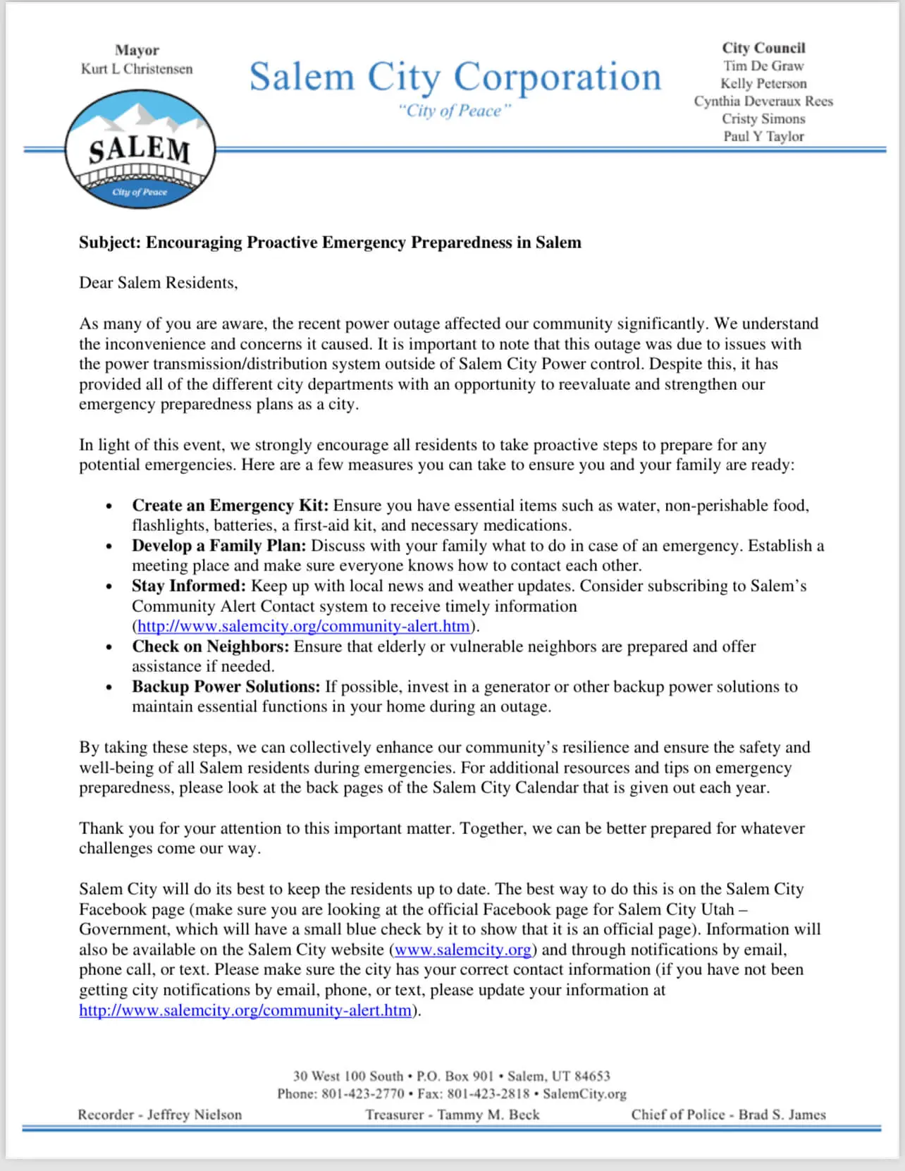 Salem City Letter Recommending Residents Get A Backup Power Supply Salem City Letter Recommending Residents Get A Backup Power Supply