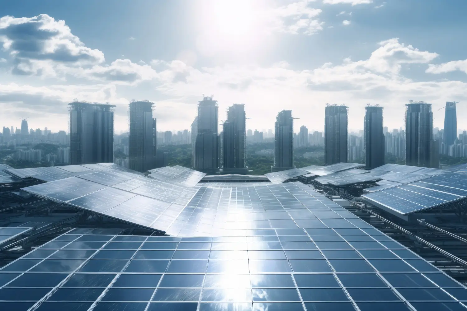 Solar panels on the roof of a high rise building with city skyline in the background