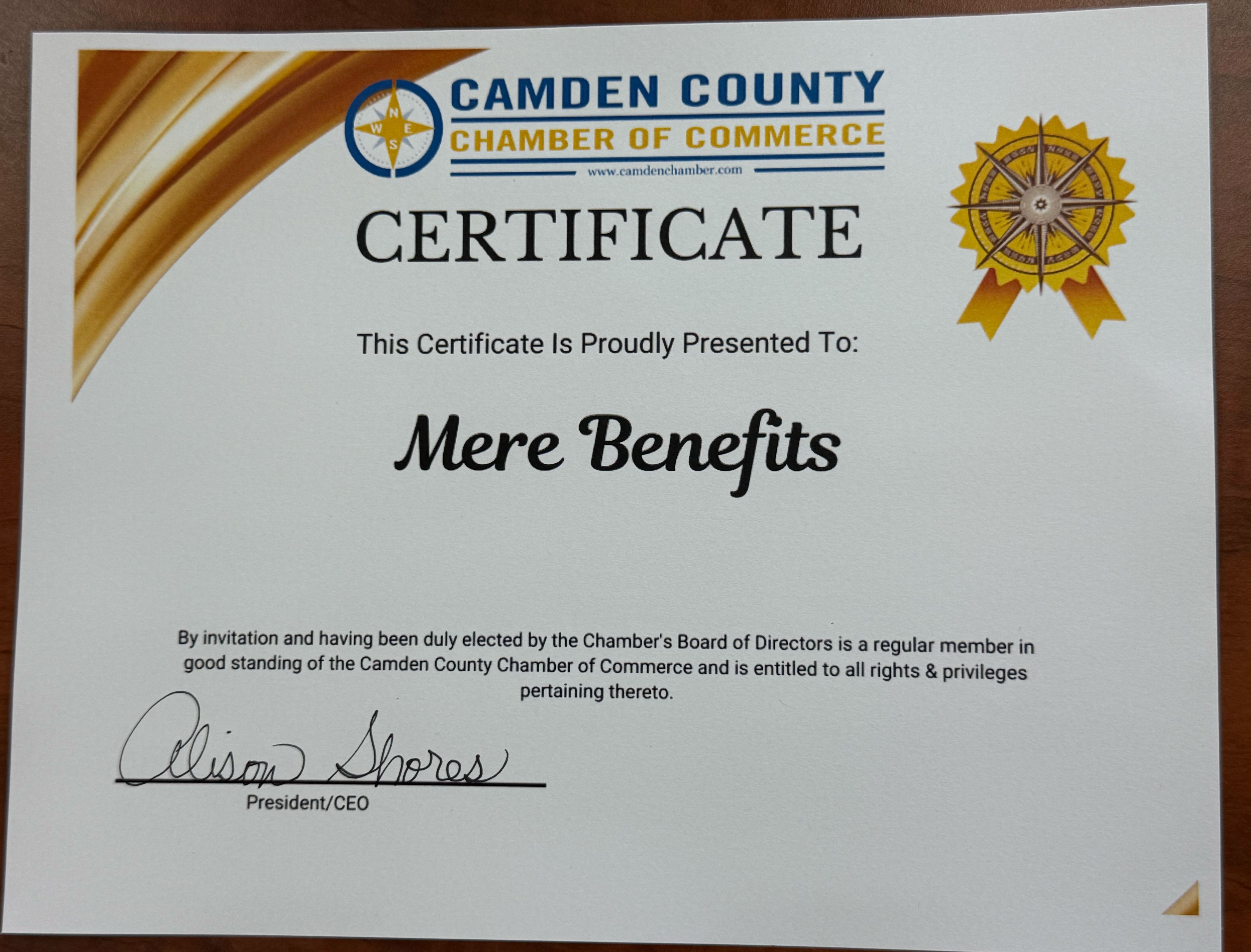 Camden County Chamber of Commerce Certification for Mere Benefits Camden County Chamber of Commerce Certification for Mere Benefits