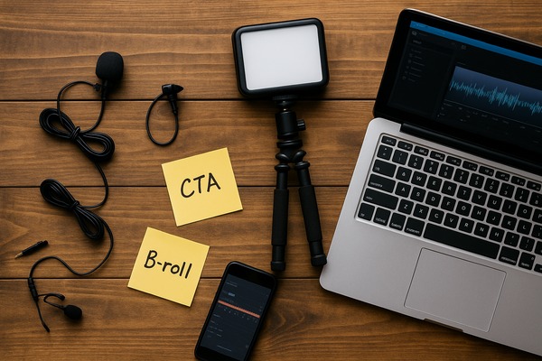 Affordable video kit for consultants: lav mic, small light, tripod, and laptop editor.