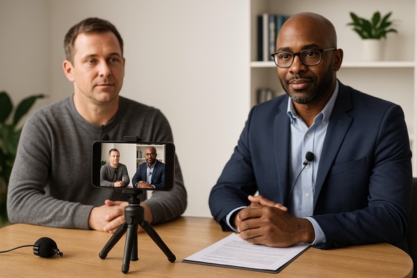 Client testimonial filmed on a smartphone in a financial planning office. Client testimonial filmed on a smartphone in a financial planning office.