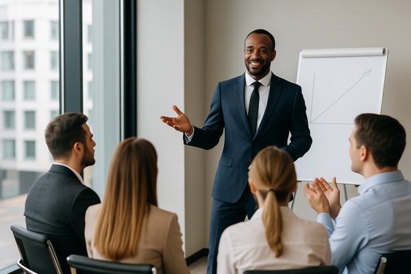Business consultant recording a workshop with a sales team in a conference room. Business consultant recording a workshop with a sales team in a conference room.