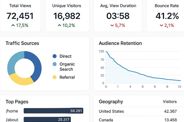 Analytics dashboard with views, watch time, CTR, and a tracking link on phone. Analytics dashboard with views, watch time, CTR, and a tracking link on phone.
