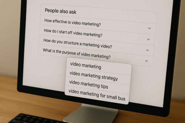 Computer screen displaying Google 'People also ask' questions and keyword suggestions for video marketing topics. Computer screen displaying Google 'People also ask' questions and keyword suggestions for video marketing topics.
