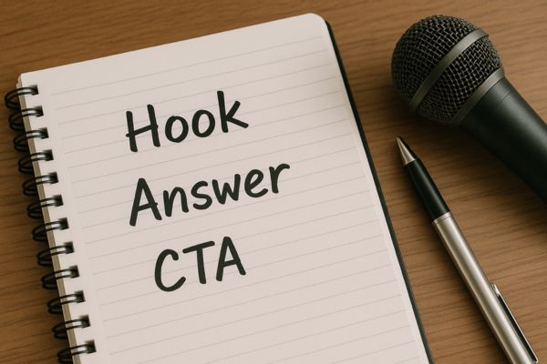 Notebook with handwritten video script outline: Hook, Answer, CTA, alongside a microphone and pen. Notebook with handwritten video script outline: Hook, Answer, CTA, alongside a microphone and pen.
