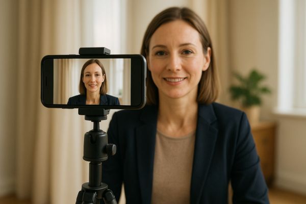 Woman filming herself with a smartphone mounted on a tripod in a well-lit home office. Woman filming herself with a smartphone mounted on a tripod in a well-lit home office.