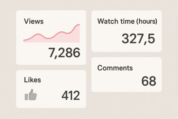 Video analytics dashboard showing views, watch time, likes, and comments metrics for a marketing video. Video analytics dashboard showing views, watch time, likes, and comments metrics for a marketing video.