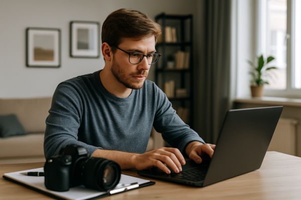 Young male freelancer working on a laptop at home with professional camera equipment on the desk. Young male freelancer working on a laptop at home with professional camera equipment on the desk.