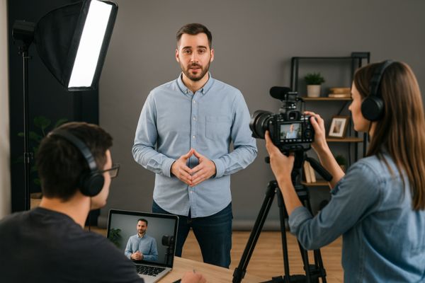Professional video crew filming a presenter in a studio with lighting and camera equipment. Professional video crew filming a presenter in a studio with lighting and camera equipment.