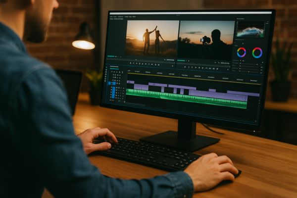 Video editor working at a computer with a detailed editing timeline on screen. Video editor working at a computer with a detailed editing timeline on screen.