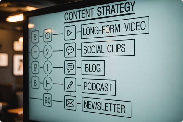 Diagram showing how one long video turns into short clips, blog posts, and podcasts. Diagram showing how one long video turns into short clips, blog posts, and podcasts.
