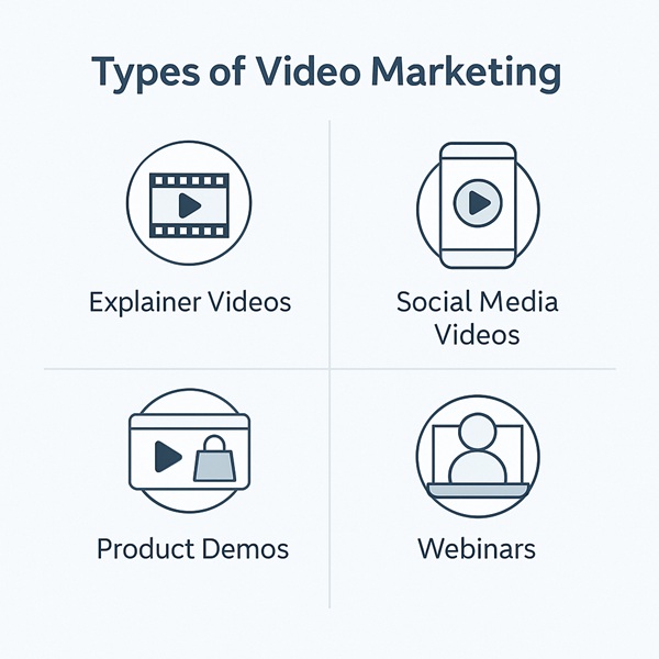 Infographic showing types of video marketing including explainer videos, social media videos, product demos, and webinars. Infographic showing types of video marketing including explainer videos, social media videos, product demos, and webinars.