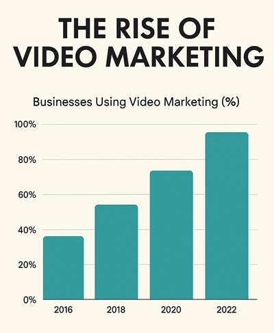 Chart showing rise of video marketing statistics with businesses increasing usage from 2016 to 2022. Chart showing rise of video marketing statistics with businesses increasing usage from 2016 to 2022.
