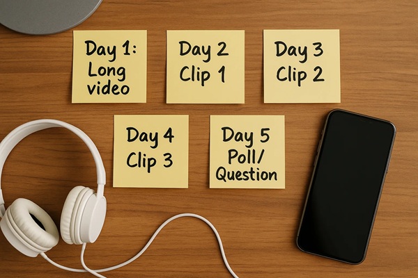 Social media posting schedule with sticky notes for video strategy. Social media posting schedule with sticky notes for video strategy.