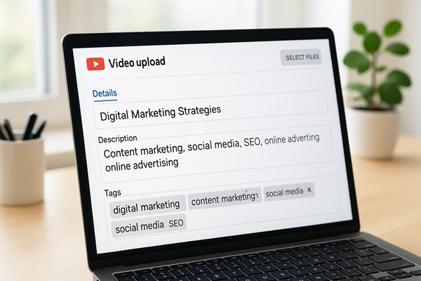 YouTube upload page showing SEO fields for video optimization. YouTube upload page showing SEO fields for video optimization.