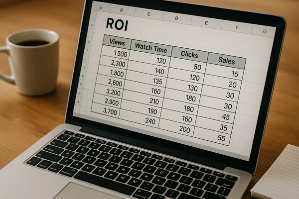 Laptop screen showing video ROI tracking spreadsheet. Laptop screen showing video ROI tracking spreadsheet.