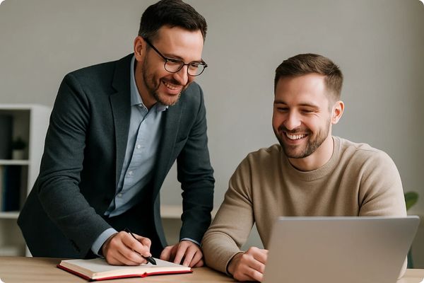 Business consultant coaching a client in an office setting Business consultant coaching a client in an office setting