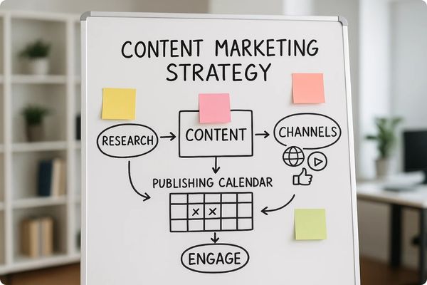 whiteboard with content marketing strategy and publishing calendar for service business whiteboard with content marketing strategy and publishing calendar for service business