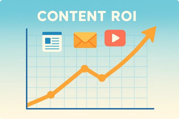 chart showing content ROI for service businesses with blog, email, and video marketing icons chart showing content ROI for service businesses with blog, email, and video marketing icons