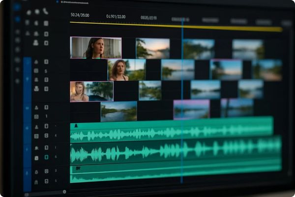 video editing software showing multiple clips and audio tracks for YouTube.