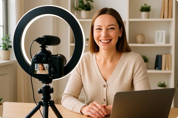 coach confidently recording YouTube video with ring light and microphone.