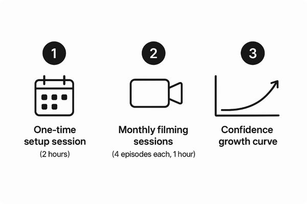 Diagram showing the process of content marketing coaching: setup session, monthly filming sessions, and confidence growth curve. Diagram showing the process of content marketing coaching: setup session, monthly filming sessions, and confidence growth curve.