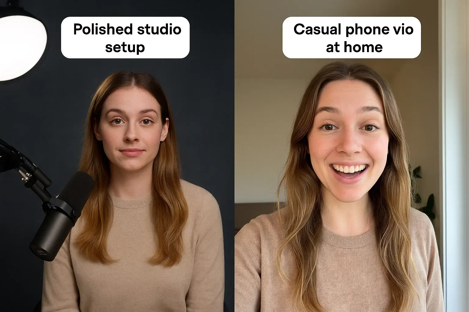 UGC-style comparison of polished studio video versus raw selfie-style video marketing UGC-style comparison of polished studio video versus raw selfie-style video marketing
