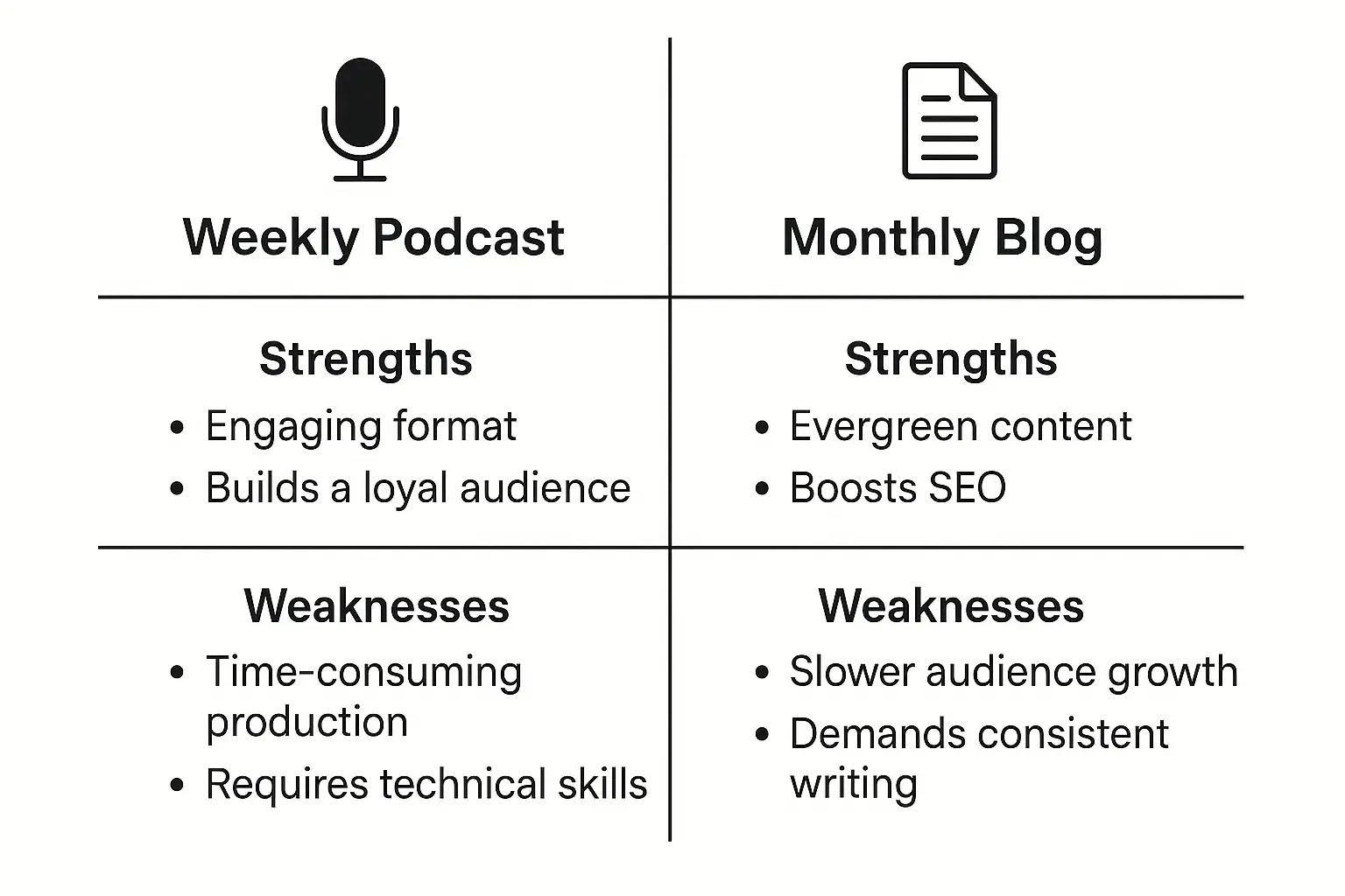 “Comparison table showing strengths and weaknesses of weekly podcasts versus monthly blogs.” “Comparison table showing strengths and weaknesses of weekly podcasts versus monthly blogs.”