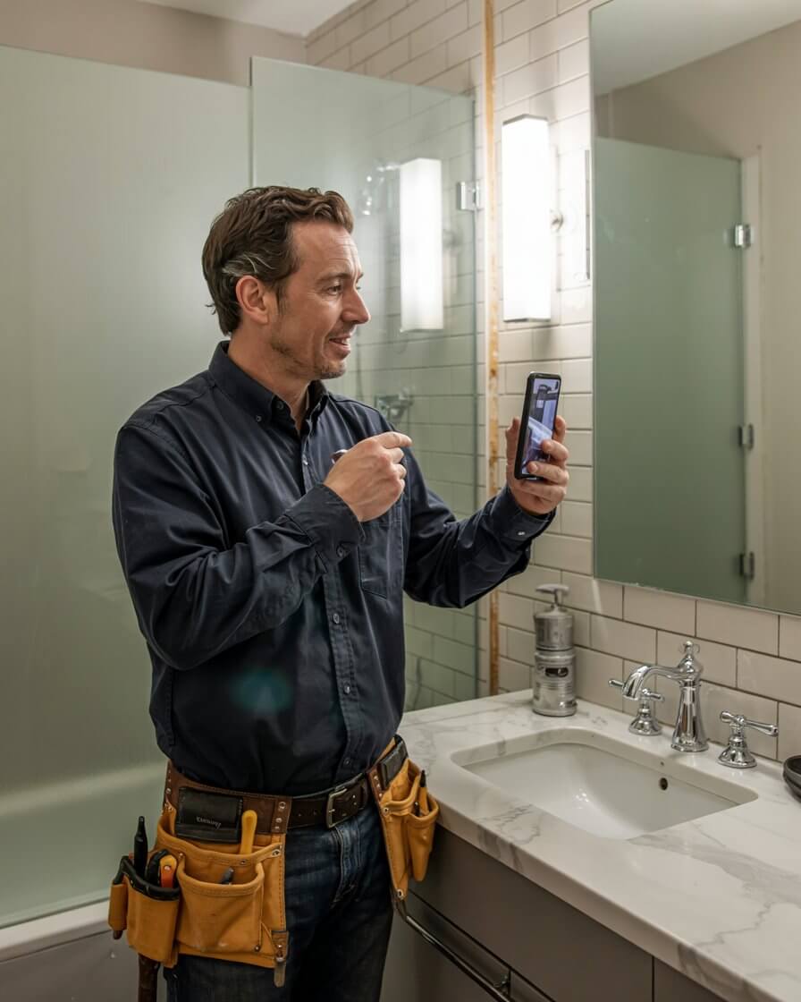 Contractor recording a video on job site to build trust with homeowners. Contractor recording a video on job site to build trust with homeowners.