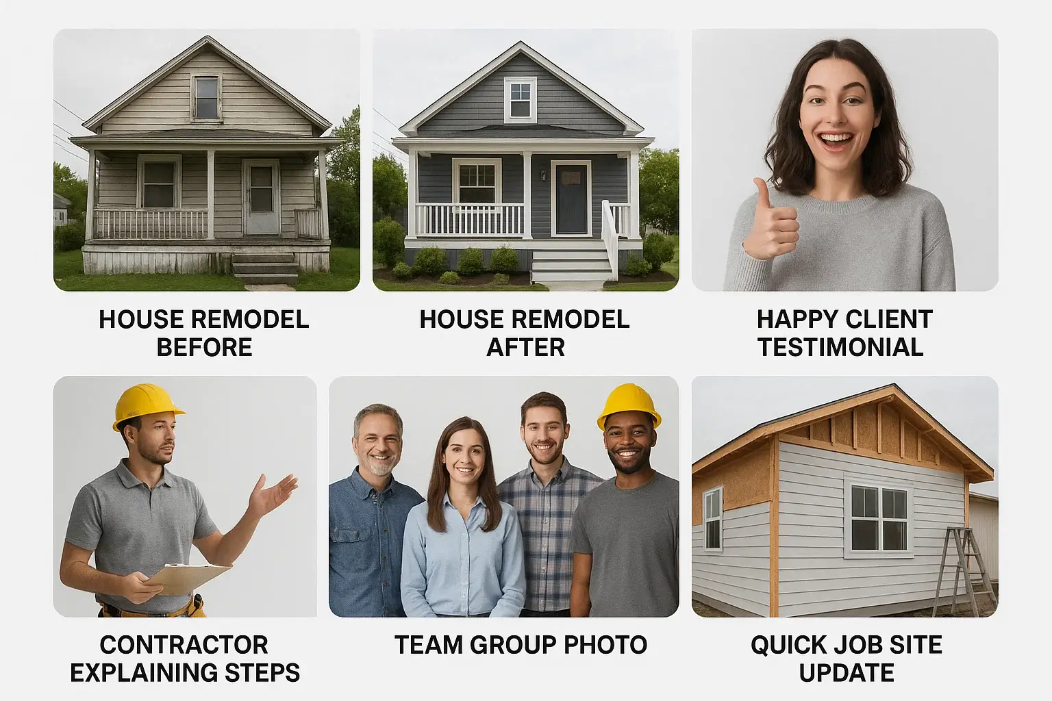 Examples of contractor video types: project showcases, testimonials, how-to guides, meet the team, job site updates. Examples of contractor video types: project showcases, testimonials, how-to guides, meet the team, job site updates.