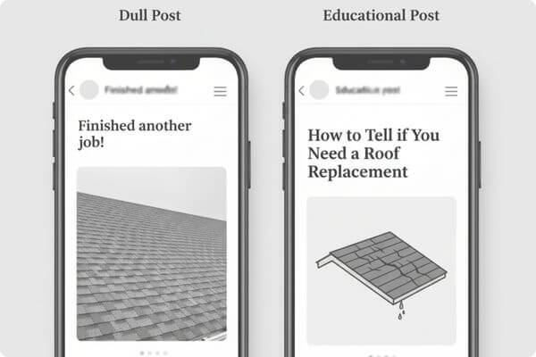 Comparison between a generic roofing post and an educational post that gets higher engagement. Comparison between a generic roofing post and an educational post that gets higher engagement.