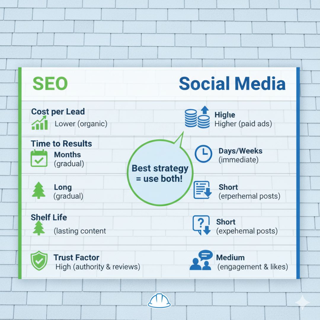 “Comparison chart of SEO versus social media for roofers showing cost, time, shelf life, and lead quality.” “Comparison chart of SEO versus social media for roofers showing cost, time, shelf life, and lead quality.”