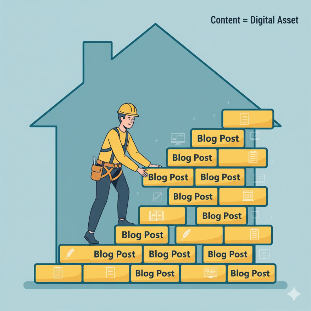 “Illustration showing roofer stacking blog posts as digital assets symbolizing SEO content building business value.” “Illustration showing roofer stacking blog posts as digital assets symbolizing SEO content building business value.”